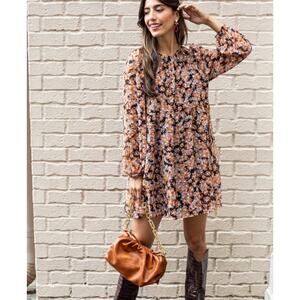 Sanctuary Women's Harvest Floral Long Sleeve Shirred Neck Babydoll Dress Sz XS